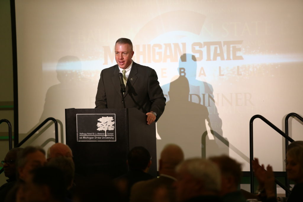 Head+coach+Jake+Boss+speaks+at+the+First+Pitch+Dinner%2FPhoto%3A+MSU+Athletic+Communications