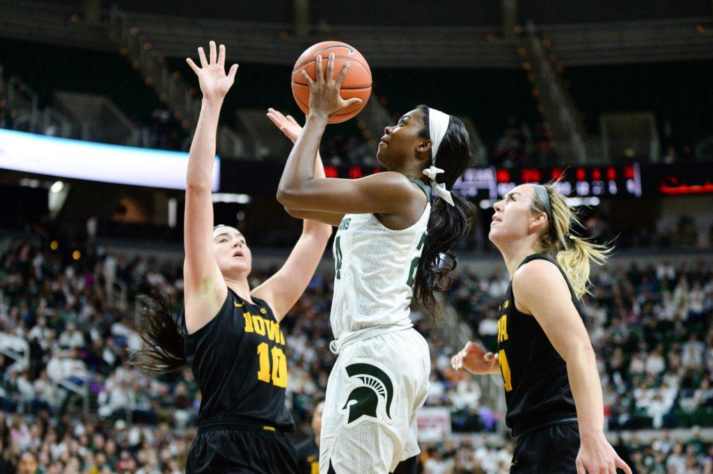 Nia+Clouden+attempts+a+floater+against+Iowa%2F+Photo+Credit%3A+MSU+Athletic+Communications