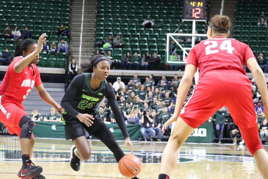 Nia Clouden dribbles against Ohio State/ Photo Credit: Ian Gilmour/WDBM
