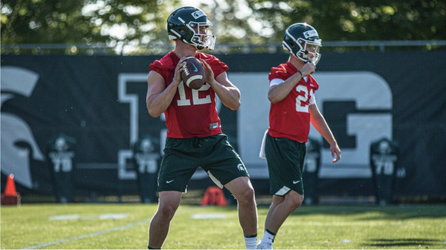 Rocky Lombardi throws during practice/ Photo Credit : MSU Athletic Communications)