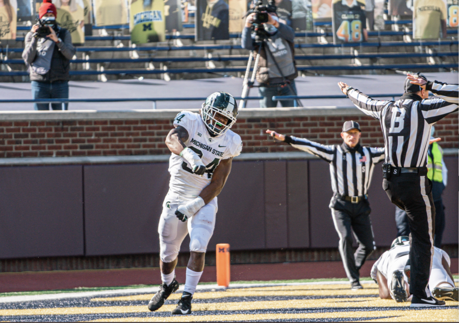 Antjuan Simmons celebrates after breaking up a pass in the end zone. Photo credit: MSU Athletic Communications.
