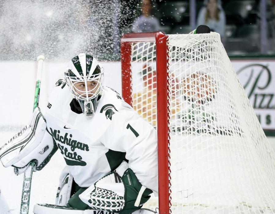 MSU+goaltender+Drew+DeRidder+watches+intently+as+a+puck+bypasses+the+net%2F+Photo+credit%3A+MSU+Athletic+Communications