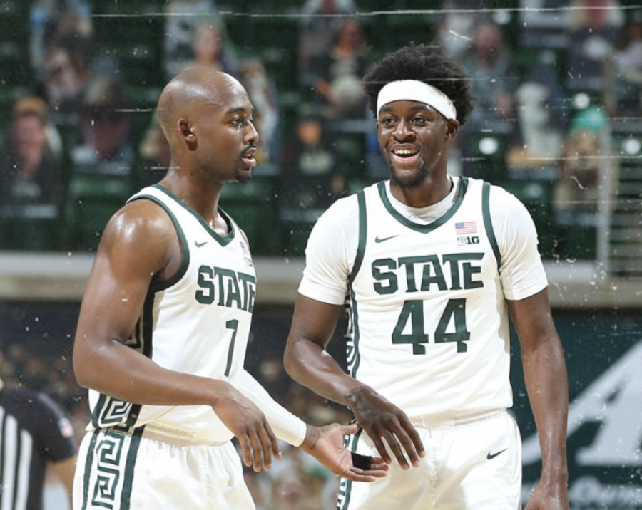Joshua Langford and Gabe Brown smile after beating Notre Dame 80-70/ Photo Credit: MSU Athletic Communications
