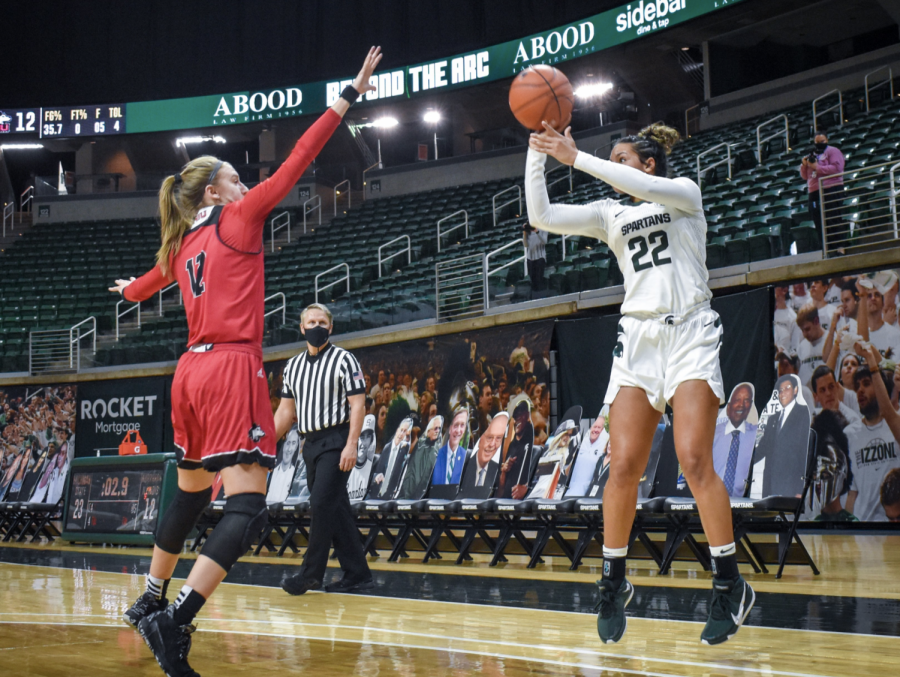 Mo Joiner attempts a 3-pointer against Northern Illinois G Errin Hodges/ Photo Credit: MSU Athletic Communications 
