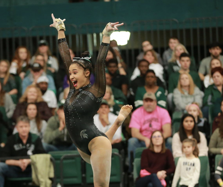 MSU+gymnastics+co-captain+Lia+Mitchell+competes+during+a+meet%2F+Photo+Credit%3A+MSU+Athletic+Communications