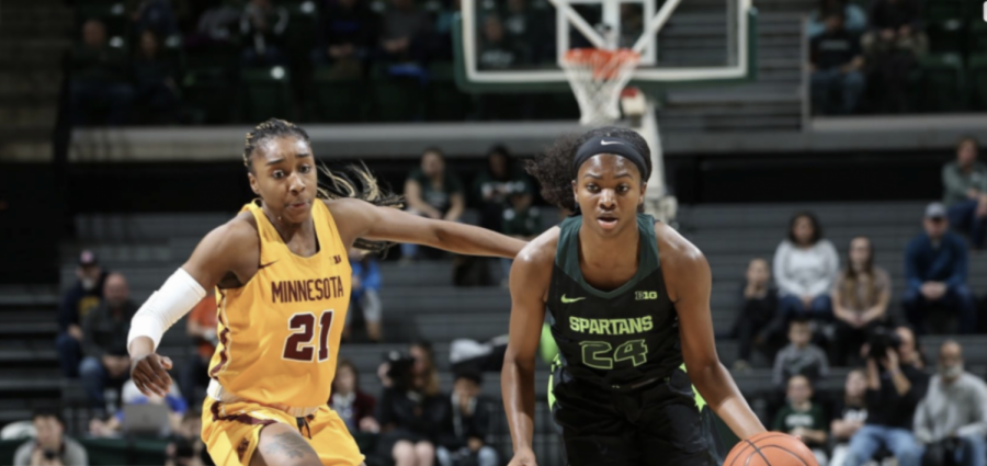 Nia Clouden drives in the lane against Minnesota: Photo Credit/ MSU Athletic Communications
