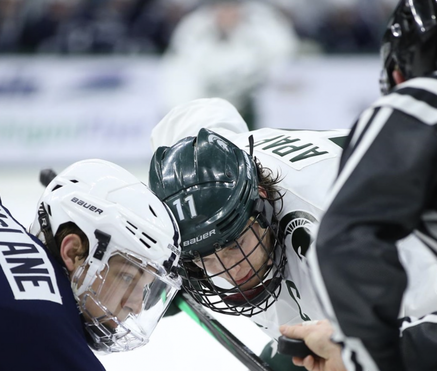 Tommy Apap prepares for a face-off chance against Penn State forward Chase McLane/ Photo Credit: MSU Athletic Communications
