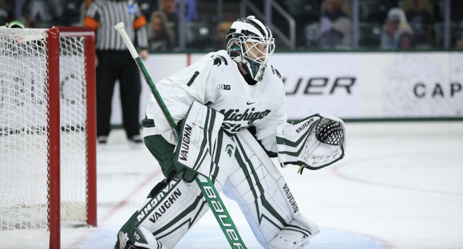 MSU+goaltender+Drew+DeRidder+skates+in+front+of+the+net%2F+Photo+Credit%3A+MSU+Athletic+Communications%0A%0A