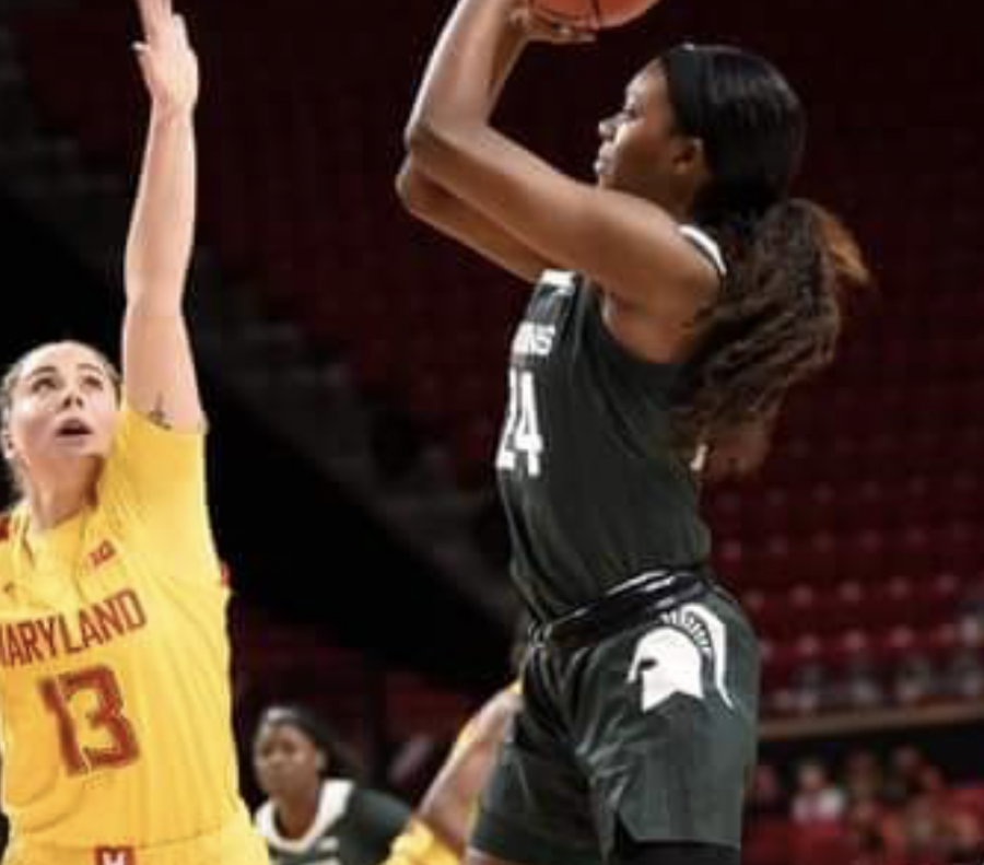 Nia Clouden attempts a jumpshot in the Spartans road loss to No. 7 Maryland/ Photo Credit: MSU Athletic Communications 

