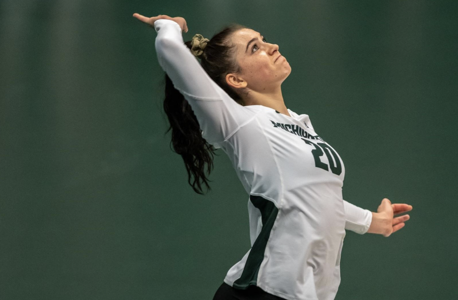 MSU outside hitter Cecile Max-Brown serves against No. 1 Wisconsin/ Photo Credit: MSU Athletic Communications