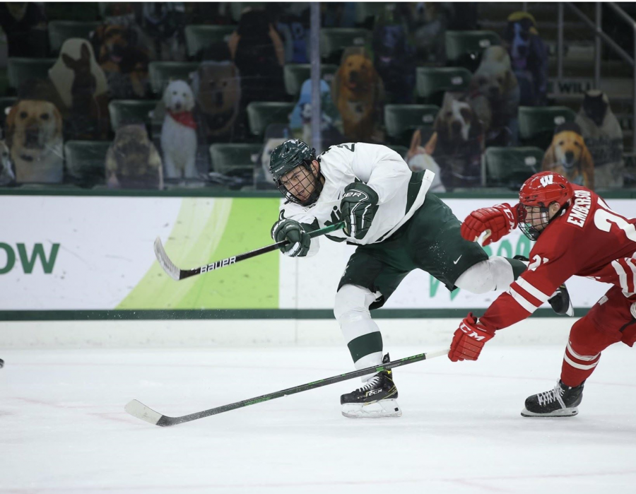 MSU defenseman Dennis Cesana shoots a puck in the Spartans 4-0 loss to No. 5 Wisconsin /Photo Credit: MSU Athletic Communications 

