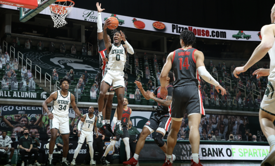 Aaron Henry skies for a layup in the Spartans 71-67 win over No. 4 Ohio State/ Photo Credit: MSU Athletic Communications 

