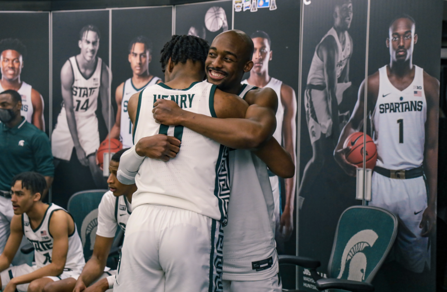 Joshua+Langford+hugs+Aaron+Henry+after+the+Spartans+knock+off+No.+2+Michigan+70-64%2F+Photo+Credit%3A+MSU+Athletic+Communications%0A%0A