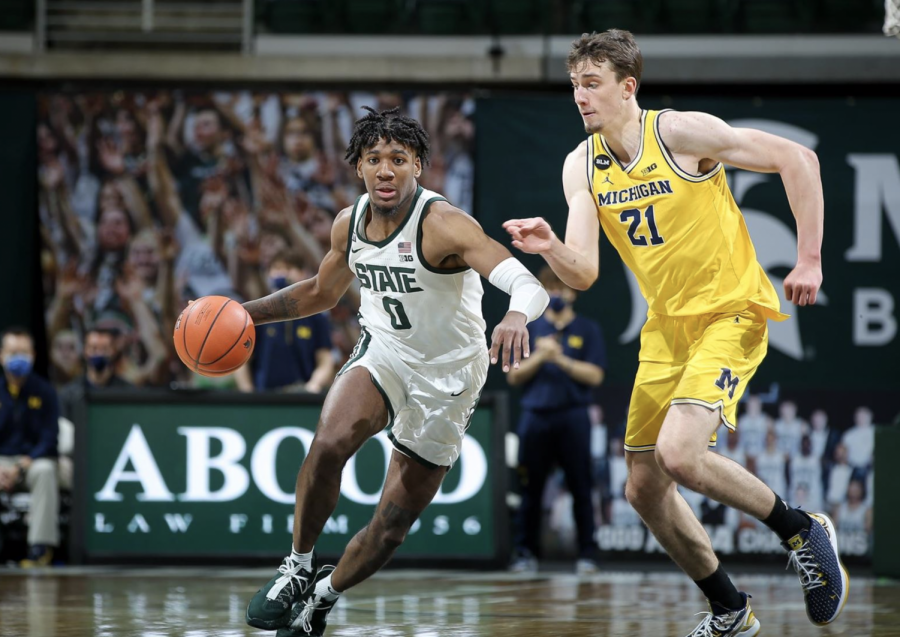 Aaron+Henry+drives+on+Franz+Wagner+in+a+game+against+Michigan%2F+Photo+Credit%3A+MSU+Athletic+Communications