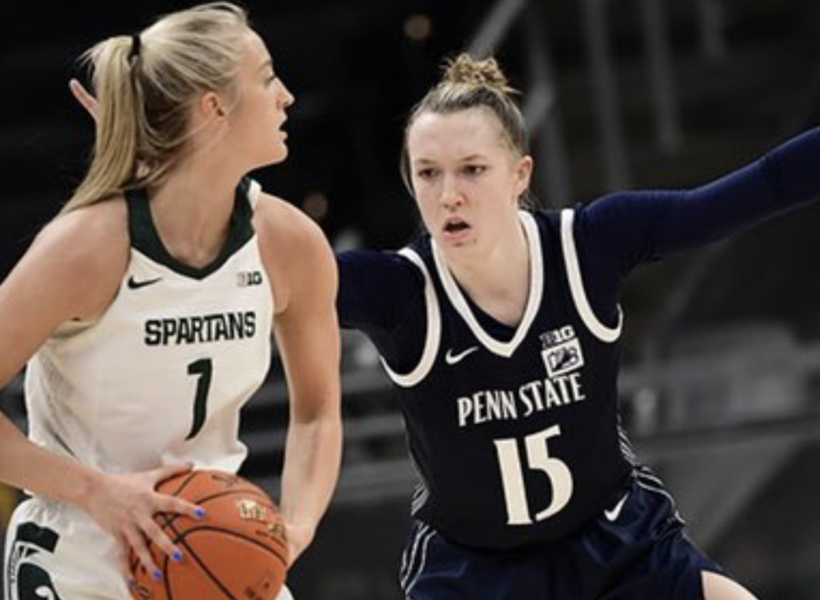 Tory Ozment looks for an open teammate as Penn State guard Maddie Burke guards her/ Photo Credit: MSU Athletic Communications

