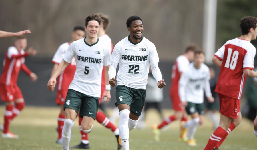MSU+defender+Will+Perkins+celebrates+after+scoring+a+goal+in+the+Spartans+4-1+win+over+Wisconsin%2F+Photo+Credit%3A+MSU+Athletic+Communications%0A%0A%0A%0A
