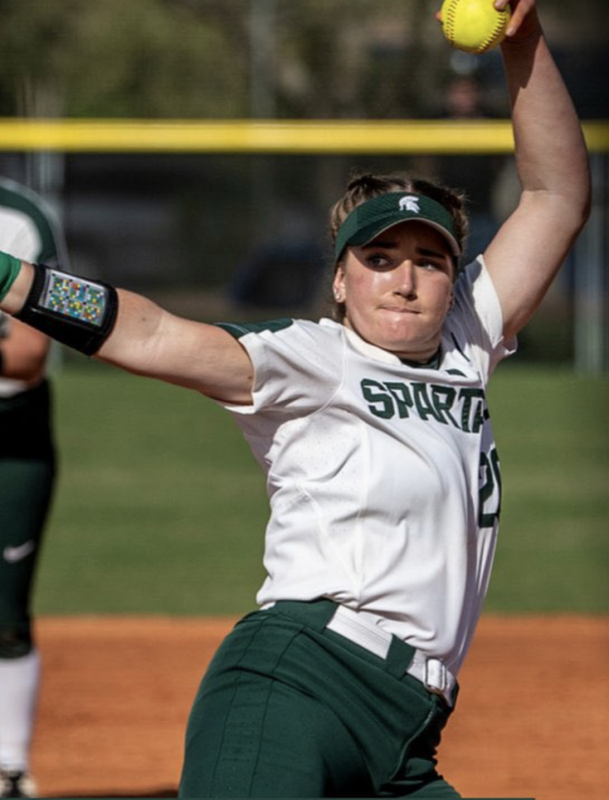 MSU pitcher Sarah Ladd winds up for a pitch during a game/ Photo Credit: MSU Athletic Communications










