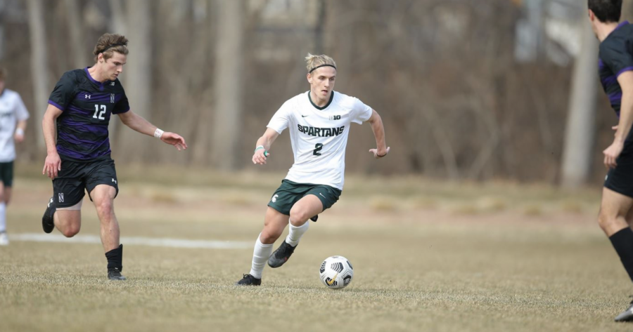 MSU+midfielder+Jack+Beck+kicks+the+ball+in+the+Spartans+3-0+win+vs.+Northwestern%2F+Photo+Credit%3A+MSU+Athletic+Communications%0A%0A%0A%0A%0A