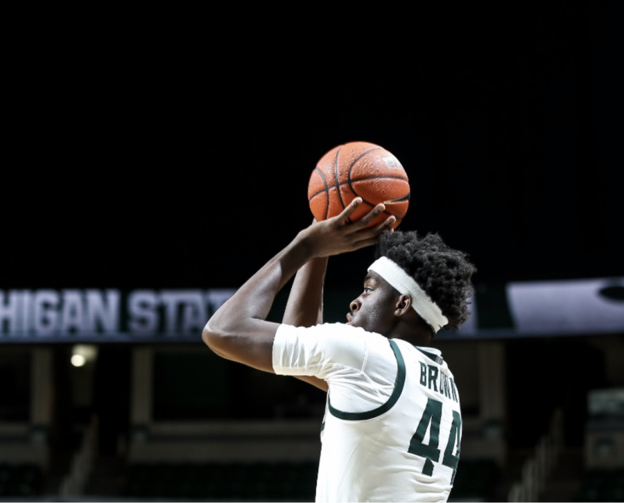 MSU+guard+Gabe+Brown+attempts+a+3-pointer%2F+Photo+Credit%3A+MSU+Athletic+Communications+%0A%0A