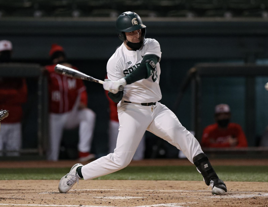 MSU infielder Bailey Peterson swings during a game/Photo Credit: MSU Athletic Communications
