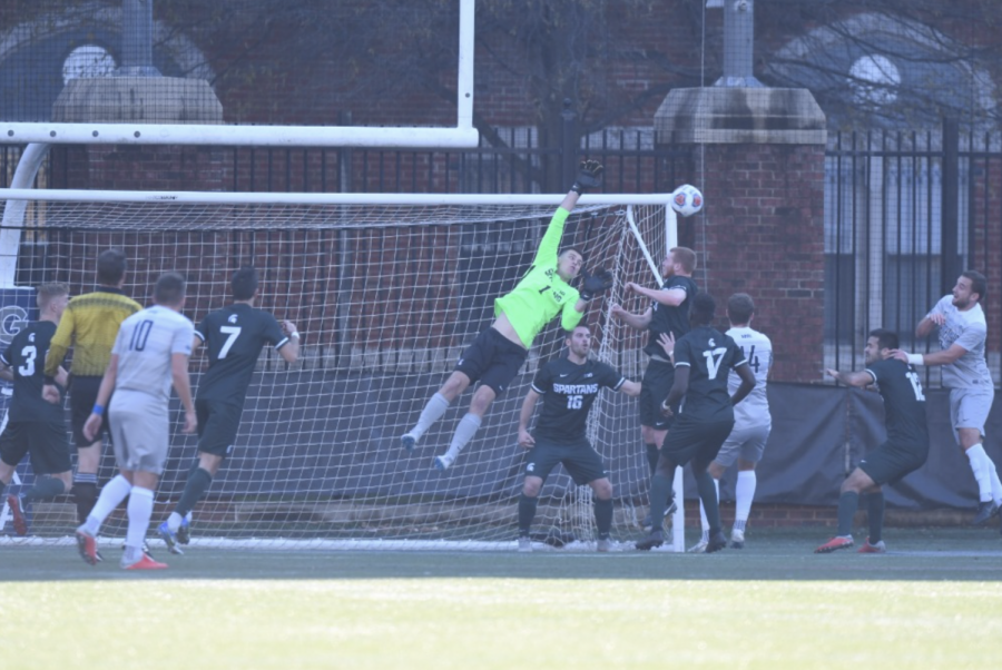 MSU+goalie+Hunter+Morse+skies+to+make+a+leaping+save%2F+Photo+Credit%3A+MSU+Athletic+Communications+%0A%0A%0A