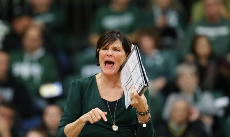 MSU head coach Cathy George calls out directions to her team during a game/ Photo Credit: MSU Athletic Communications 
