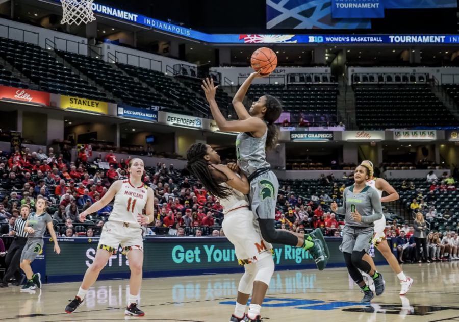 MSU guard Nia Clouden attempts a layup in the 2019 Big Ten tournament against Maryland/ Photo Credit: MSU Athletic Communications 