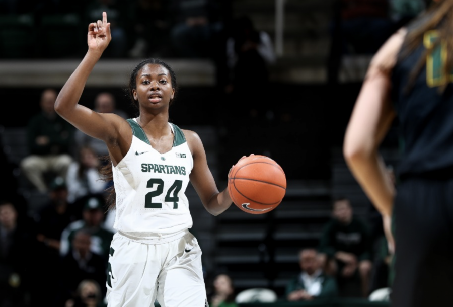 MSU+guard+Nia+Clouden+calls+out+a+play+during+a+game%2F+Photo+Credit%3A+MSU+Athletic+Communications+%0A%0A%0A