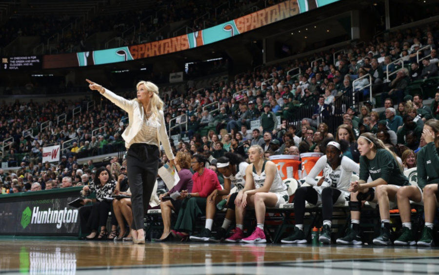 MSU+head+coach+Suzy+Merchant+calls+out+directions+to+her+team+during+a+game%2F+Photo+Credit%3A+MSU+Athletic+Communications+%0A