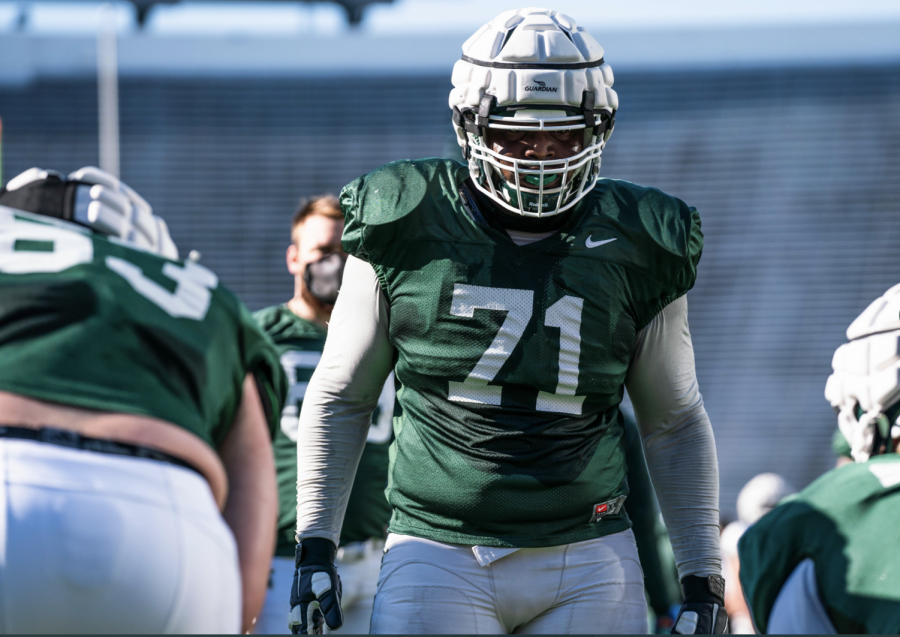MSU guard James Ohonba lines up in the 2021 spring game/ Photo Credit: MSU Athletic Communications 

