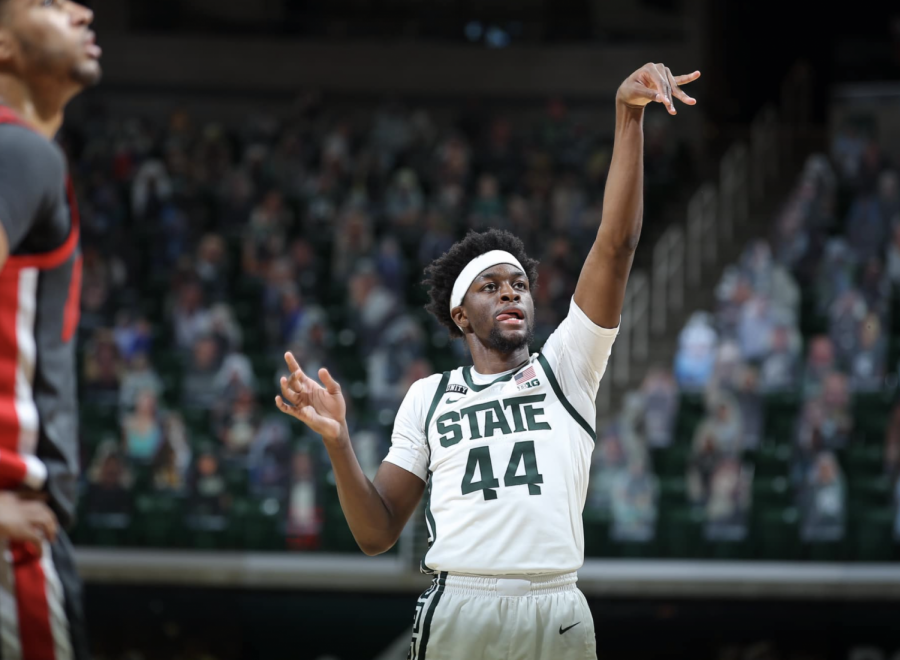 MSU guard Gabe Brown attempts a free throw in the Spartans 71-67 win over No. 4 Ohio State/ Photo Credit: MSU Athletic Communications 