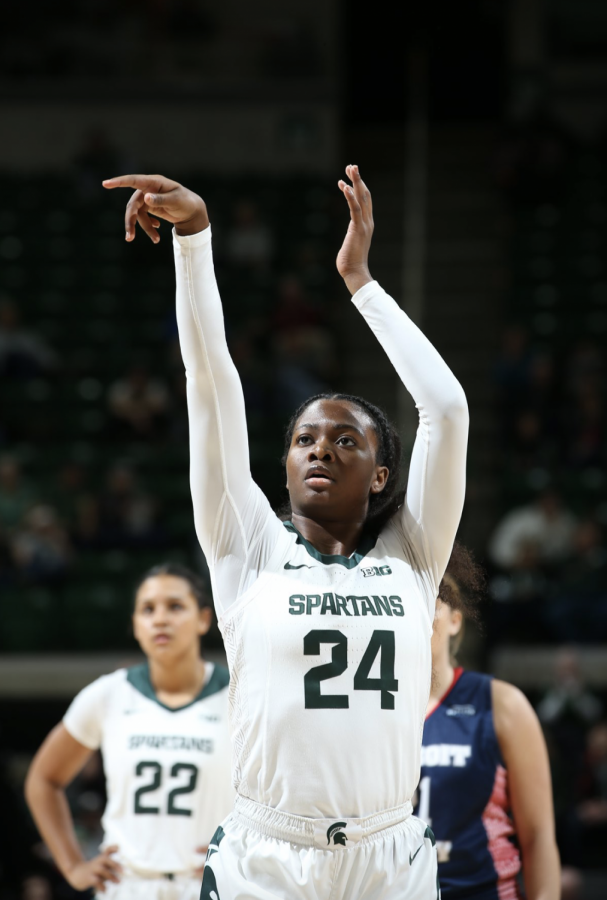 MSU+guard+Nia+Clouden+shoots+a+free+throw+during+a+game%2F+Photo+Credit%3A+MSU+Athletic+Communications+