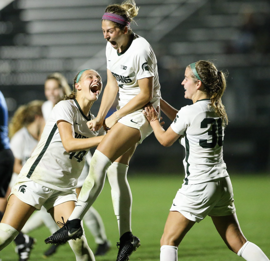 MSU+forward+Gia+Wahlberg+celebrates+after+scoring+the+game-winning+overtime+goal+against+Bowling+Green+on+Sept.+12%2C+2019%2F+Photo+Credit%3A+MSU+Athletic+Communications%0A