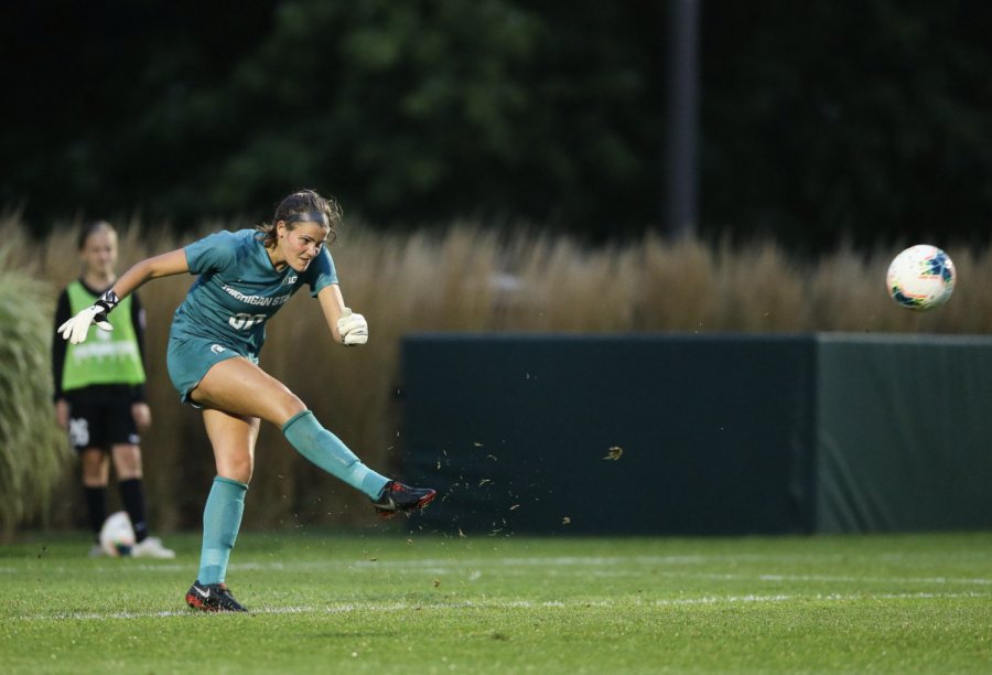 MSU+goaltender+Lauren+Kozal+winds+up+for+a+deep+kick+in+2020%2F+Photo+Credit%3A+MSU+Athletic+Communications+%0A