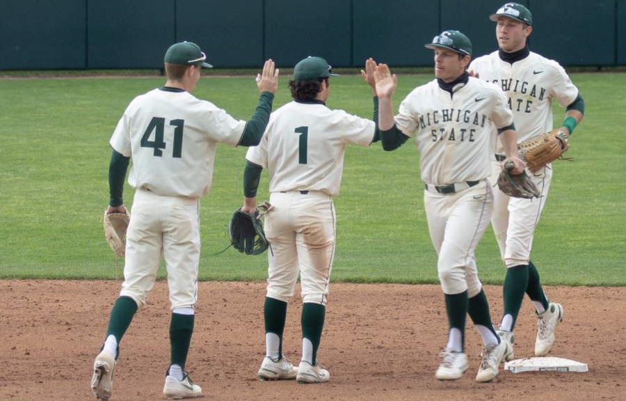 MSU infielders Trent Farquhar (1) and Mitch Jebb (41) celebrate after knocking off Rutgers/ Photo Credit: MSU Athletic Communications 