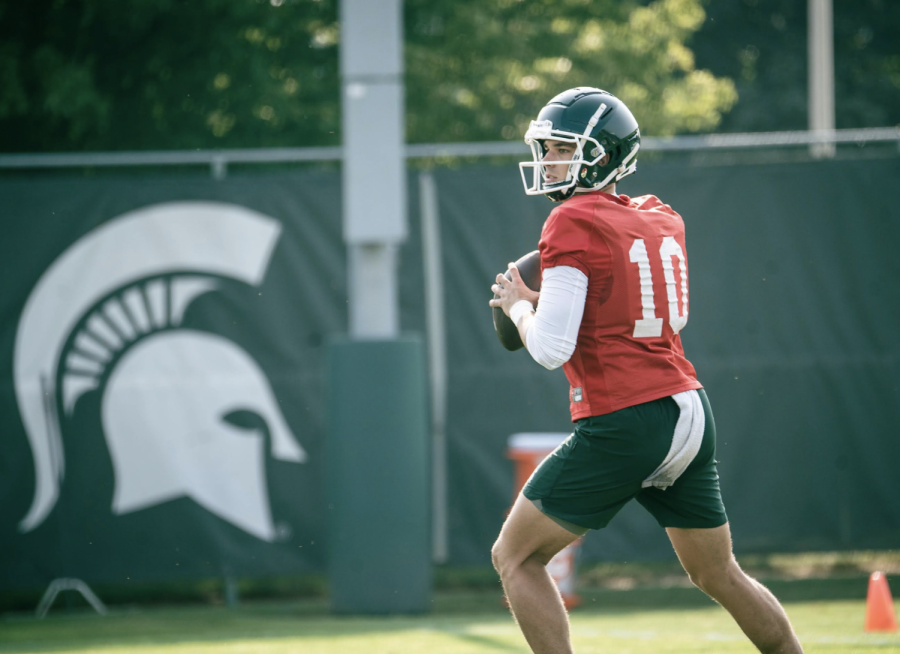 MSU quarterback Payton Thorne practices during the first day of 2021 fall camp/ Photo Credit: MSU Athletic Communications