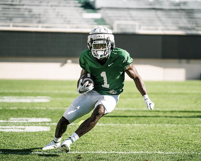 MSU wide receiver Jayden Reed breaks free during a fall scrimmage/ Photo Credit: MSU Athletic Communications 
