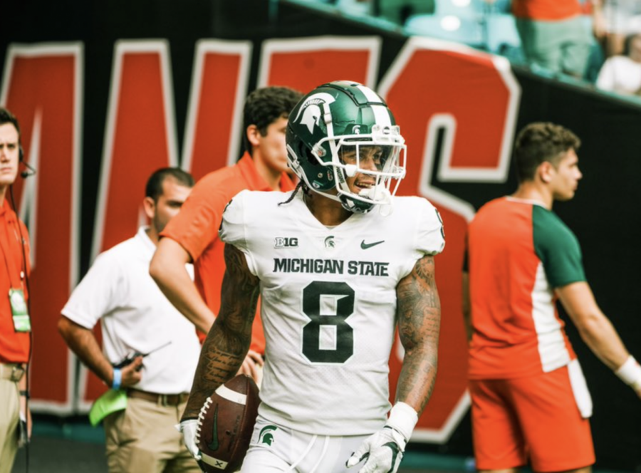 MSU wide receiver Jalen Nailor celebrates after scoring a late touchdown in the Spartans 38-17 win over No. 24 Miami on Sept. 18, 2021/ Photo Credit: MSU Athletic Communications 