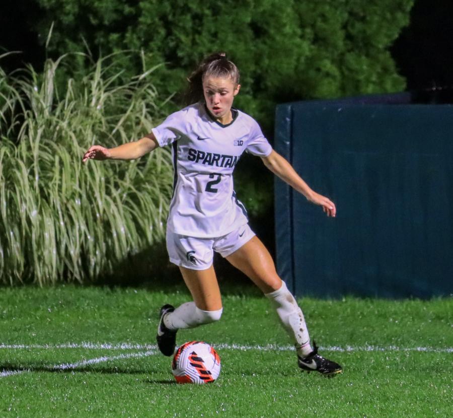 MSU+forward+Lauren+Debeau+in+the+Spartans+1-0+home+loss+to+Wisconsin+on+Sept.+23%2C+2021%2F+Photo+Credit%3A+Sarah+Smith%2FWDBM