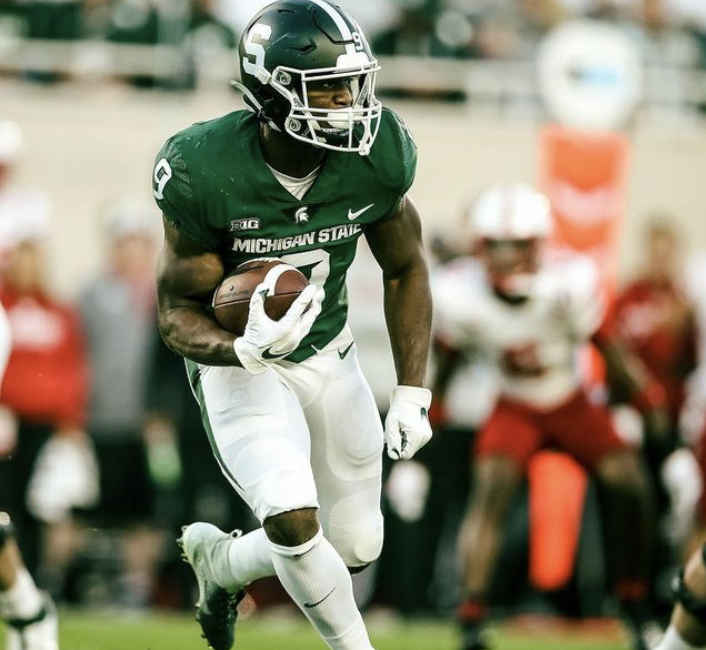 MSU running back Kenneth Walker runs the ball in the Spartans 23-20 overtime win over Nebraska on Sept. 25, 2021/ Photo Credit: MSU Athletic Communications 