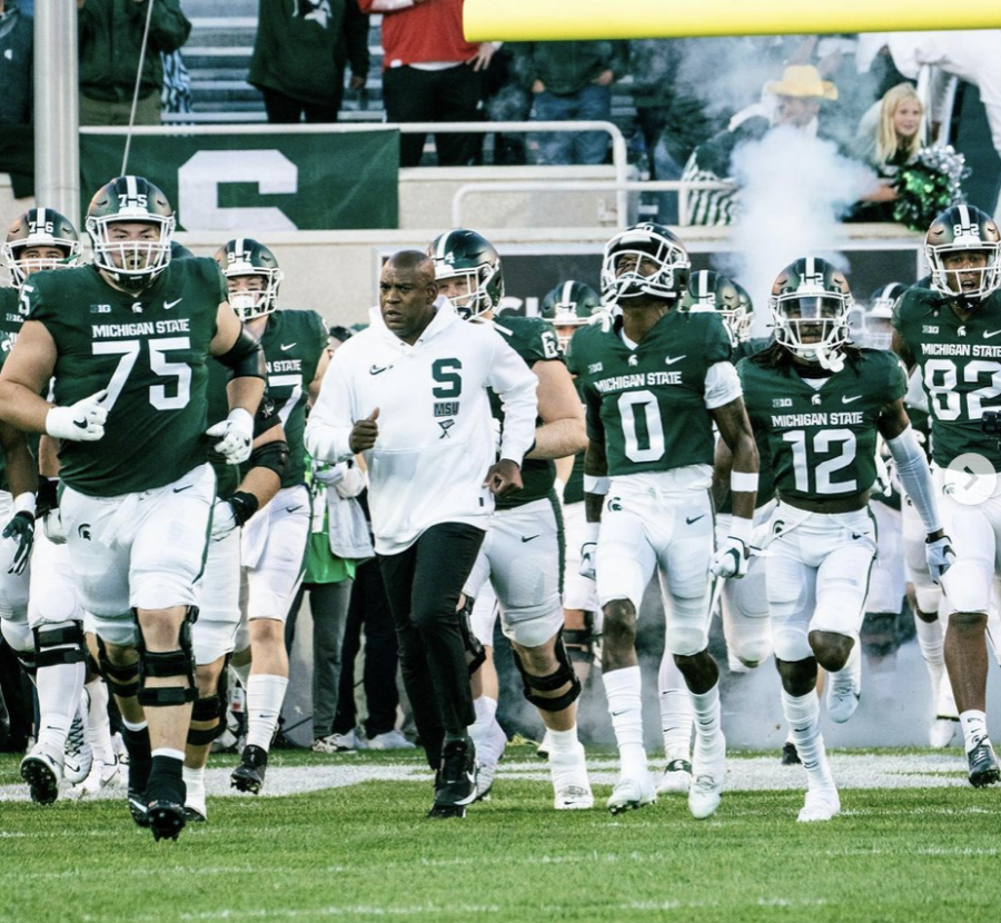 MSU head coach Mel Tucker leads his team out of the tunnel before the Spartans take on Nebraska on Sept. 25, 2021/ Photo Credit: MSU Athletic Communications 