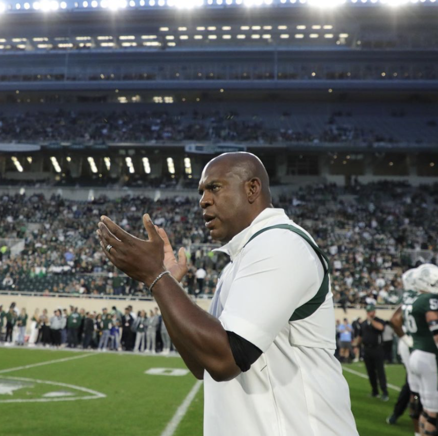 MSU head coach Mel Tucker cheers on his team before the Spartans take on Western Kentucky on Oct. 2, 2021/ Photo Credit: MSU Athletic Communications 
