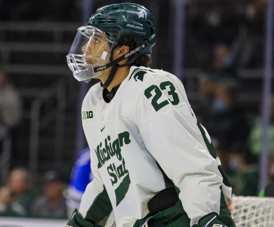 MSU forward Jagger Joshua looks up at the scoreboard in the Spartans 5-1 win over Air Force on Oct. 9, 2021/ Photo Credit: Sarah Smith/WDBM