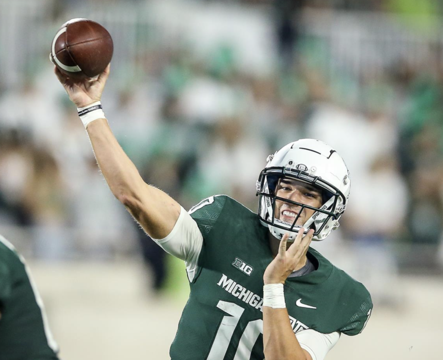 MSU quarterback Payton Thorne winds up for a deep throw in the Spartans 48-31 win over Western Kentucky on Oct. 2, 2021/ Photo Credit: MSU Athletic Communications 