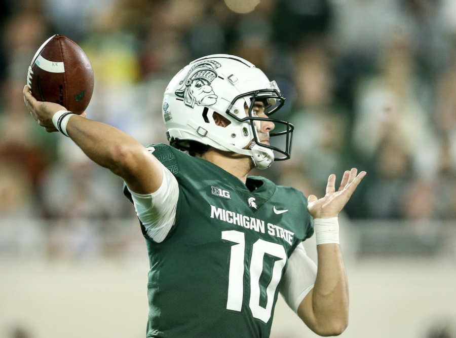 MSU+quarterback+Payton+Thorne+winds+up+for+a+deep+throw+in+the+Spartans+48-31+win+over+Western+Kentucky+on+Oct.+2%2C+2021%2F+Photo+Credit%3A+MSU+Athletic+Communications+