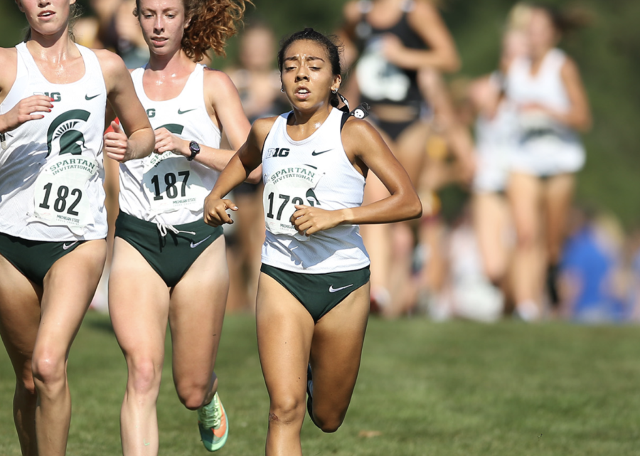 MSU cross country country runner Fatima Giron (17) during a 2021 meet/ Photo Credit: MSU Athletic Communications