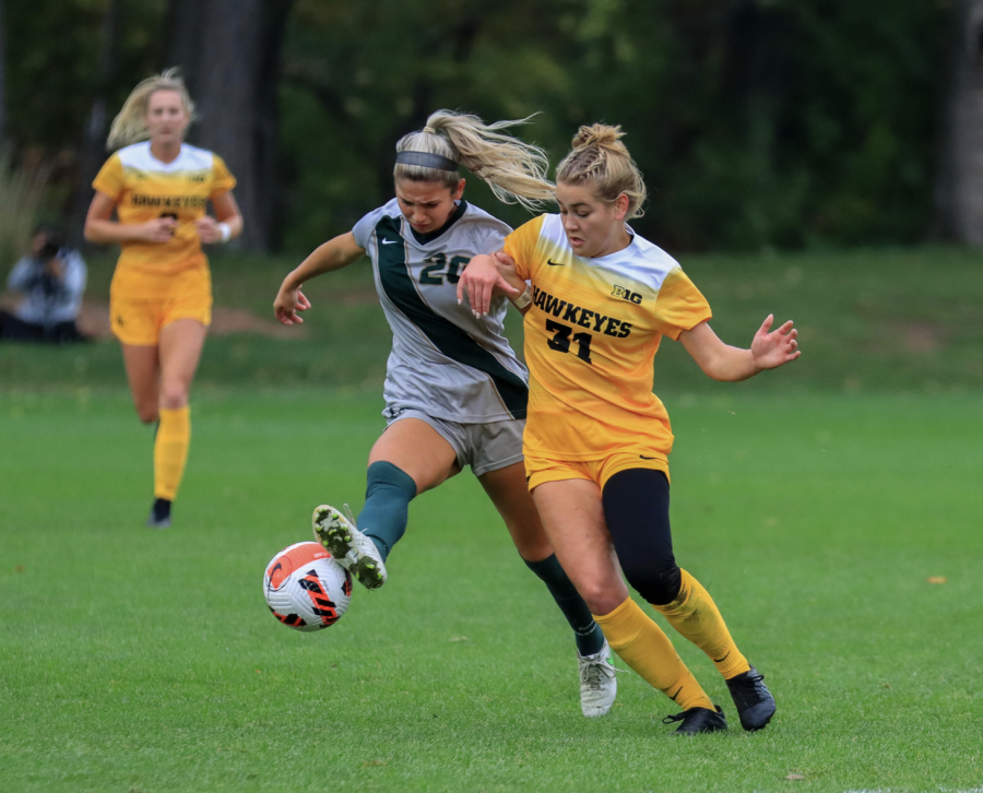 MSU defender Zivana Labovic attempts to regain possession in the Spartans 1-0 loss to Iowa on Oct. 31, 2021/ Photo Credit: Sarah Smith/WDBM