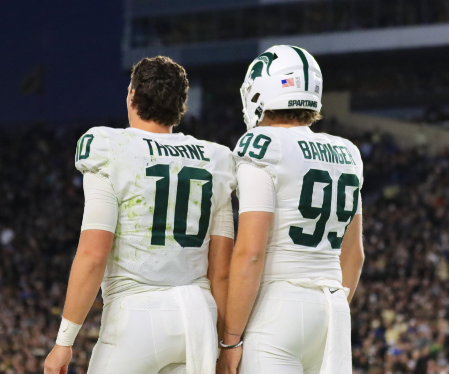 MSU quarterback Payton Thorne stands next to punter Bryce Baringer during the Spartans 40-29 loss to Purdue on Nov. 6, 2021/ Photo Credit: Sarah Smith/WDBM