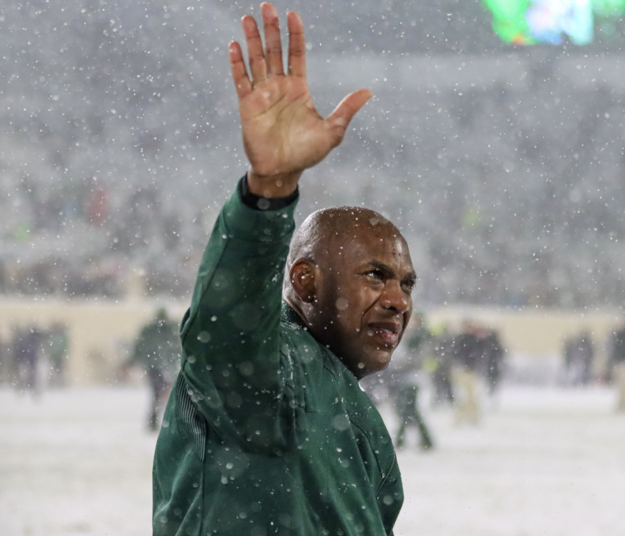 MSU head coach Mel Tucker celebrates after the Spartans 30-27 win over Penn State on Nov. 27, 2021/Photo Credit: Sarah Smith/WDBM