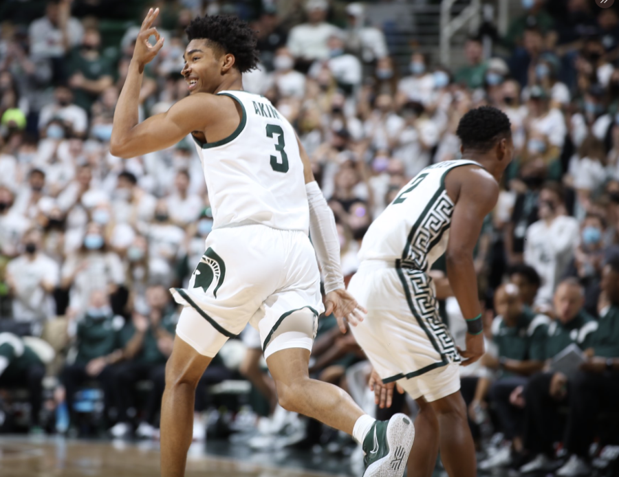 MSU guard Jaden Akins cans a 3-pointer during the Spartans 81-68 win over Toledo on Dec. 4, 2021/ Photo Credit: MSU Athletic Communications 